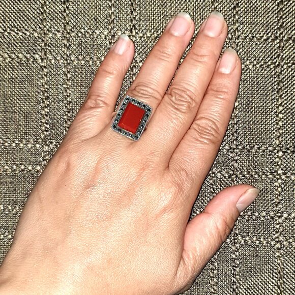 Rare Vintage Carnelian Marcasite 925 Sterling Art Deco Revival Statement Ring - Picture 10 of 12